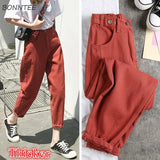 Women High Waist Denim Streetwear Plus Size Loose Harem Ankle-length Trousers Womens Velvet Warm Casual All-match