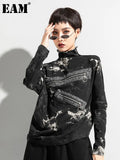 Women Big Size Irregular Zipper Printed T-shirt New Turtleneck Long Sleeve Fashion Tide Spring Autumn 2023