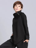 Women Black Zipper Irregular Big Size Casual T-shirt New Turtleneck Long Sleeve Fashion Tide Spring Autumn 2023