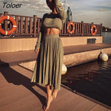 Sexy Fashion Crop Top Tops High Waist Long Split Skirts Two Piece Sets Khaki Summer Autumn Casual Skirts Sets Womens