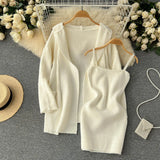 Casual Winter Knitted Two Pieces Suits Loose Midi Long Shawl Warm Coat+Bodycon Camisole Dress 2022 Women Sweater