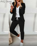 Women Casual Two Piece Work Wear Blazer Coat & Drawstring Pants