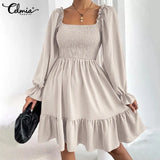 Celmia Elegant Women Ruffled Sundress 2022 Puff Long Sleeve Sexy Square Collar Mini Dress Casual Solid Pleated Party