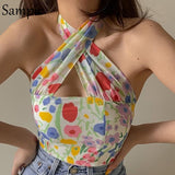 Casual Summer Beach 2021 Women Skinny Floral Print Hollow Out Crop Tops Y2K Fashion Backless Tank Tops Sexy T