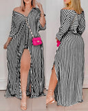 Loose Striped Shirt Dress Women Fashion V-neck Long Sleeve Loose Striped Print Slit Maxi Dress for