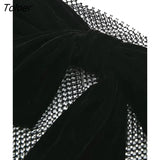 Women Sexy Hollow Out Eyelet Mesh Hot Drilling Short Sling Blouse Female Velvet Bow Design Blusas Chic Crop Tops