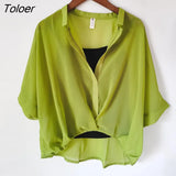 Two Piece Chiffon Shirt Women Summer Half Sleeve Loose V-Neck Casual Blouse Women Sexy Loose Striped Shirts Tops
