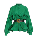 Solid Casual Shirt For Women Stand Collar Long Sleeve Patchwork Sashes Fold Pleated Shirts Female 2022 Spring