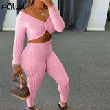 Winter Casual Two 2 Piece Sets Tracksuit Sweatsuits For Women V Neck Crop Top Skinny Pants Suits Knitting Matching