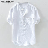 Men Shirts Stand Collar Solid Loose Cotton Blouse Short Sleeve Brand Shirts Retro Harajuku Camisas Hombre Summer