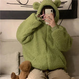 QWEEK Kawaii Bear Ears Hoodie Women Autumn Winter Zip Up Fleece Cute Top Korean Style 2021 Soft Girl Cotton Long Sleeve
