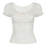 Lace Collar, Bang Color Tie, Bow Tie, Slim, Thin Knitted Blouse, Bubble Short-Sleeved T-Shirt-Outfit