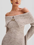 Women's Elegant Style Fashion Collared Shoulder Dress Knitted Long