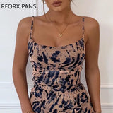 Women O-neck Spaghetti Strap Animal Print Ruched Cami Dress Bodycon Sexy Party Dress-Outfit