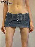 Rockmore y2k Super Short Jean Skirts Belt Design Fashion Sexy Low Waisted Mini Skirts Women Summer Beach Party Skirts 90s