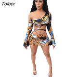 Cut Out Women Set Outfit Autumn Winter Leopard Chain Print 2 Pieces Set One Shoulder Top Leggings Pant Fashion
