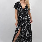 Women Sexy Short Sleeve V Neck Sashes Dot Long Dress Summer Beach Split Maxi Dress Elegant Party Dress Casual