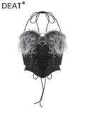 Women's Denim Short Tank Tops Slim Halter Lace-up Backless Spliced Plush Black Irregular Camis 2024 Spring New Fashion-Outfit