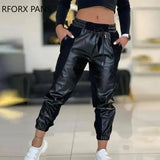 Women Casual High Waist Elastic Waist Drawstring PU Leather Patchwork Pencil Pants-Outfit