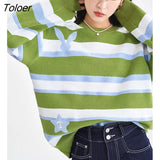 Women Sweaters 2022 Winter Long Sleeves O Neck Loose Knit Cardigan Blue Green White Stripe Warm Chic jacquard
