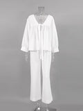 Cotton Home Suits Women 2 Piece Sleep Sets Casual Lace Up Nightwear V Neck Top And Pants Suit Solid White