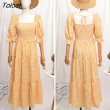 Women Summer Dresses 2023 Floral Print Square Neck Puff Sleeve Short Sleeves Maxi Dress Bow Strap Boho Beach Party