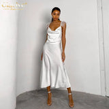 Women Sexy Strap Satin White Dress Summer Sleeveless Backless Feather Midi Dress Lady Elegant Slim Solid Party