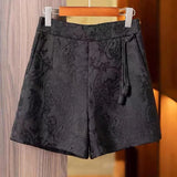 Chinese Style Retro Jacquard High Waist Black Wide Leg Skinny Shorts Women's Large Size New A-Shaped Pants In Spring And Summer-Outfit