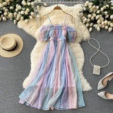 Sexy Women Spaghetti Strap Mesh Midi Dress Summer Elegant Off Shoulder Rainbow Striped Colorful Beach Vestidos Female Robe