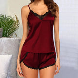 Pajamas Set Home Suit Top And Shorts Sexy V-Neck Sleeveless Satin Lace Sleepwear Pijama Home Clothes For Women