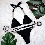 Toloer New Bikini Bandage Cross Bikini Solid Color Metal Diamond Swimsuit Sexy Female
