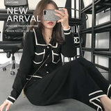 Striped Knitted Two Piece Suit Women Elegant Single Breasted Long Sleeve Top And Knit Wide Leg Pant 2023 New Korean