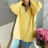 WOTWOY Casual V-neck Knitted Oversize Cardigan Women Buttons Loose Lantern Sleeve Sweaters Female Basic White Autumn Winter