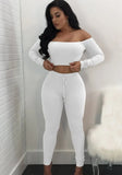 Ribbed Basic Off Shoulder Crop Top and Pants 2pc