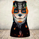 Tops Women 3D Skull Printed Cut Out Back Tshirt Halloween Gothic Sleeveless Top Gym Workout Vest Fitness Shirt