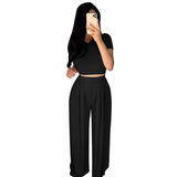 Dropshpping High Quality New Women Two-piece Sets Solid Color Tight Casual Sets Tight Top + Wide Leg Pants