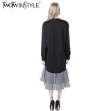 TWOTWINSTYLE 2020 Women Long Sleeve T Shirt Midi Dress Patchwork Stripe Mesh Ruffle Flare Asymmetrical Hem Pullover