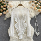Sexy White Mesh Bodysuits Perspective Hollow Out Long Sleeves Jumpsuit Slim O Neck Blouse Transparent Plaid