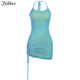 Solid Color Drawstring Party Wrap Dress Women Sling Sleeveless Halter Bodycon Club Wear Summer Sexy Basic Mini