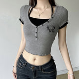 And Hot Wind Hit Color Fake Two Short-Sleeved T-Shirts Summer Butterfly Printed Wood Ear Slim Buckle All Match The Girl Of Clothes-Outfit
