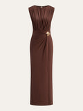 New Women's Folded Wrinkles Sleeveless Long Dress Stylish Metal Decorative Solid Color
