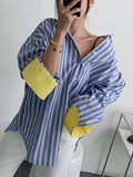 Straight Fashion Shirt For Women Lapel Long Sleeve Striped Colorblock Button Through Blouse Female Clothing