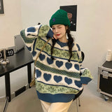 Winter Warm Oversized Sweater Sweet Vintage Stripes Embroidery Casual Pullover Knitted Sweater Streetwear Harajuku