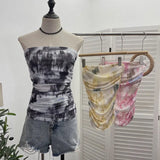 Thai-Style Splash Ink Dye Mesh Wrap Chest Vest Irregular Stacked Folded Sleeveless Top