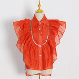 Ruffle Trim Shirt For Women Lapel Sleeveless Solid Straight Loose Button Through Blouse Female Summer Clothing