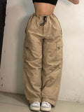 Drawstring High Waist Streetwear Pockets Cargo Pants Womens LooseSize Casual Loose Wide Leg Joggers Sweatpants