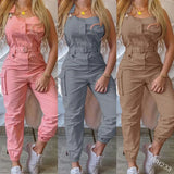 Strap Jumpsuit Women Loose Long Rompers Pockets Summer Cargo Pants Khaki Pink Female Jumpsuits Casual Work Out