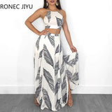 Women Leaf Print Backless Two Pieces Dress Cami Top & Split Maxi Set Dress-Outfit