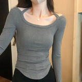 Sense Minority Hot Girls Hang Neck Pleated Long-Sleeved T-Shirt Women's Autumn New Solid Color Slim Bottom Underwear-Outfit