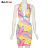 Puss Contrast Low-Neck Women Wild Matching Set Halter Bandage Crop Top And Skirts Summer Sexy Backless Streetwear